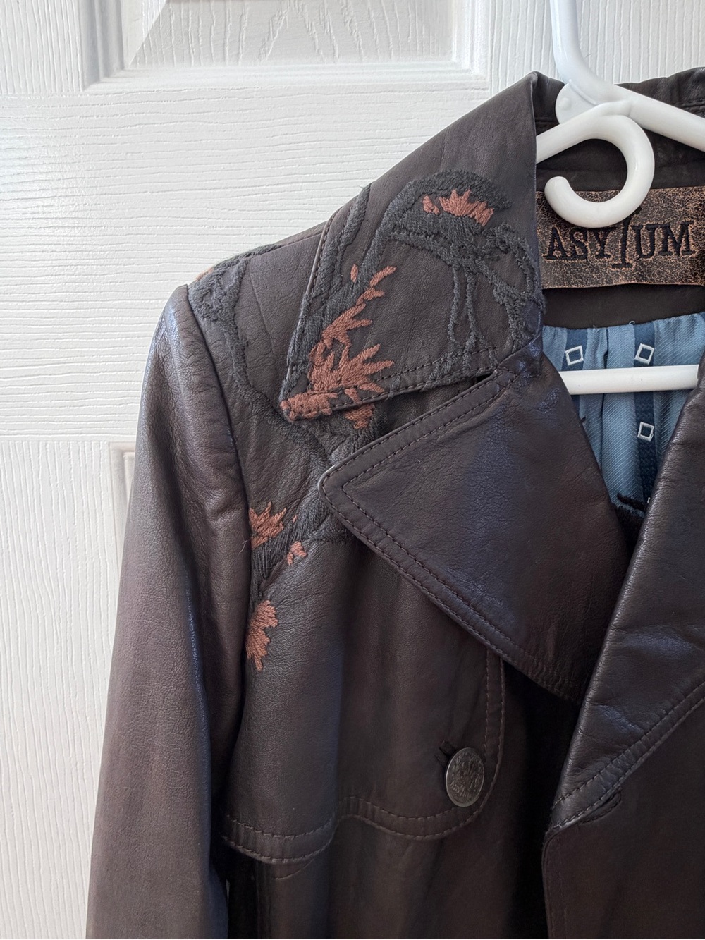 Asylum by RAW7 Dark Brown Leather Trench Coat with Embroidered Detail